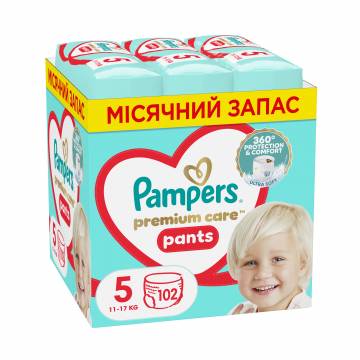 Подгузники-трусики Pampers Premium Care Pants Junior, размер 5 (11-17 кг), 102 шт Подгузники-трусики Pampers Premium Care Pants Junior, размер 5 (11-17 кг), 102 шт