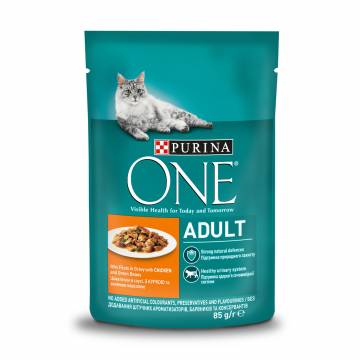 Влажный корм для взрослых кошек Purina One Adult кусочки в соусе с курицей и зеленой фасолью, 85 г Влажный корм для взрослых кошек Purina One Adult кусочки в соусе с курицей и зеленой фасолью, 85 г
