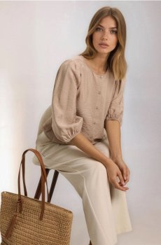 Блуза-сорочка з рукавами-буфами з віскозою - бежевий