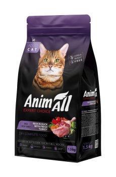 Сухой корм для взрослых кошек AnimAll со свежей индейкой и уткой, 1.5 кг