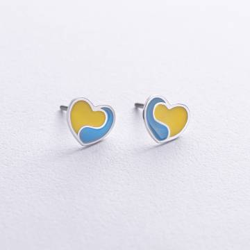 Серьги - пусеты "Украинское сердце" в серебре (голубая и желтая эмаль) 1018 Серьги - пусеты "Украинское сердце" в серебре (голубая и желтая эмаль) 1018
