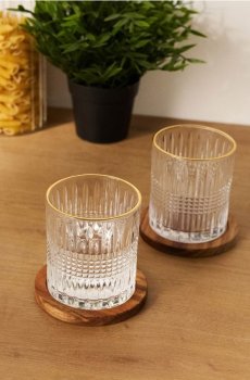 Набір склянок з рельєфним візерунком і золотим кантом з дерев’яними підставками 2 pack - clear