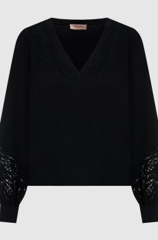 Черный пуловер с шерстью с кружевом