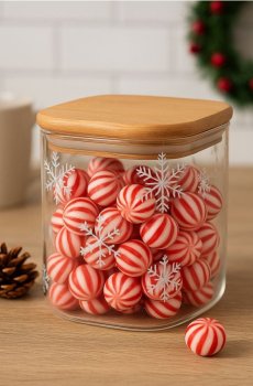 Скляна ємність для зберігання їжі з бамбуковою кришкою та зимовим мотивом - бежевий