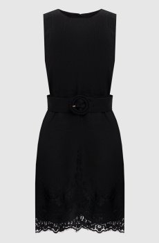 Черное платье мини из льна с кружевом