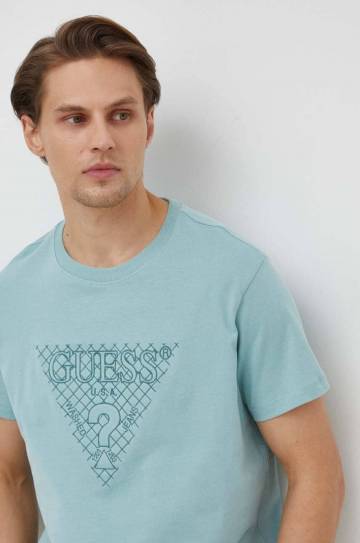 Хлопковая футболка Guess мужской цвет бирюзовый с аппликацией Хлопковая футболка Guess мужской цвет бирюзовый с аппликацией