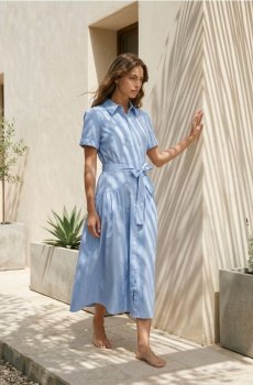 Бавовняна міді сукня-сорочка з коротким рукавом - light blue