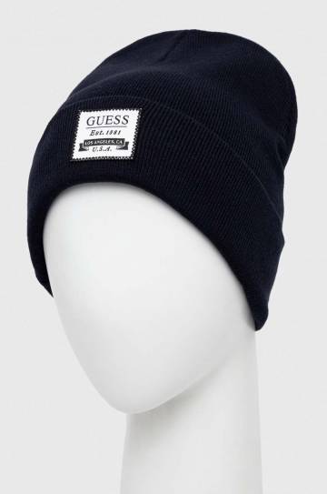 Шапка с примесью шерсти Guess цвет синий из толстого трикотажа Шапка с примесью шерсти Guess цвет синий из толстого трикотажа
