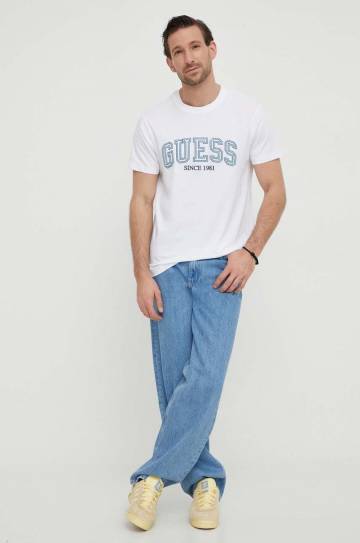 Хлопковая футболка Guess мужской цвет белый с аппликацией Хлопковая футболка Guess мужской цвет белый с аппликацией