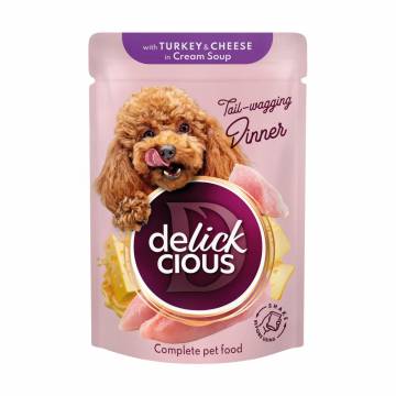 Влажный корм для взрослых собак Delickcious Полоски с индейкой и сыром в крем-супе, 85 г Влажный корм для взрослых собак Delickcious Полоски с индейкой и сыром в крем-супе, 85 г