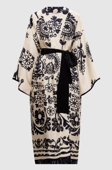 Бежевое платье-кимоно из шелка в принт