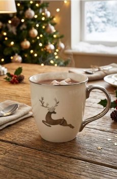 Різдвяна керамічна кружка з мотивом оленя та блискучими деталями - срібний