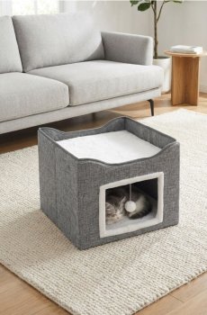 Складаний будиночок для кота з іграшкою - сірий
