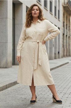 Віскозна сорочкова міді сукня з домішкою льону PLUS SIZE - нюдовий