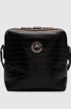Черная глянцевая сумка из кожи крокодила с эмблемой
