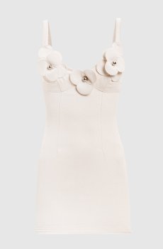 Бежевое платье мини с цветочной аппликацией