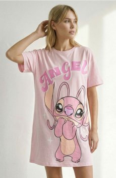 Бавовняна нічна сорочка з принтом Lilo & Stitch - пастельний рожевий