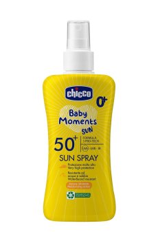 Детское солнцезащитное молочко-спрей Chicco Baby Moments Sun Spray SPF 50+, 150 мл