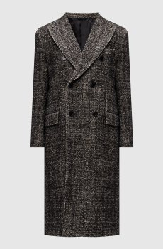Черное двубортное пальто с шерстью в узор