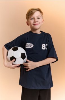 Бавовняна oversize футболка з принтом - темно-синій