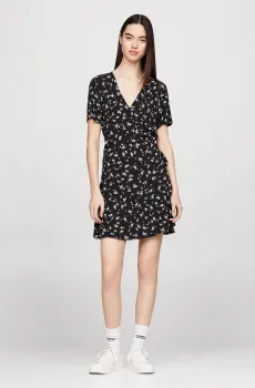 Женское черное платье с узором TJW FLORAL RUFFLE WRAP DRESS Черный XS Tommy Jeans DW0DW17941