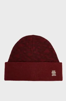 Женская бордовая шапка с узором MONOGRAM ALL OVER BEANIE Бордовый ONESIZE Tommy Hilfiger AW0AW15327