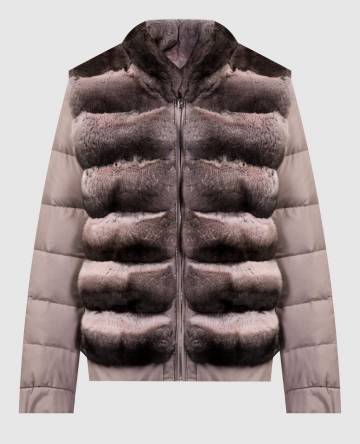 Коричневый пуховик с мехом шиншиллы с цепочкой мониль