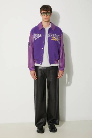 Шерстяная куртка-бомбер Awake NY Varsity Jacket цвет фиолетовый переходная oversize SP24-OT001 Шерстяная куртка-бомбер Awake NY Varsity Jacket цвет фиолетовый переходная oversize SP24-OT001