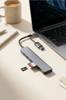Багатофункціональний USB-A та USB-C хаб із кардридером, аудіороз’ємом і заряджанням PD - сірий