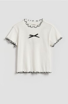 Reserved - Бавовняна футболка з оборкою - кремовий - 537FT-01X