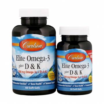 Омега-3 Carlson Labs Elite Omega-3 + D&K с витаминами D и K, натуральный вкус лимона, 60 + 30 капсул Омега-3 Carlson Labs Elite Omega-3 + D&K с витаминами D и K, натуральный вкус лимона, 60 + 30 капсул