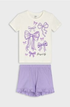 Бавовняна двокомплектна піжама з мотивом бантиків - кремовий