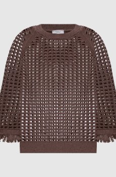 Коричневый ажурный джемпер с пайетками и бахромой