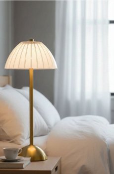 LED настільна нічна лампа з рифленим плафоном і золотою основою - білий