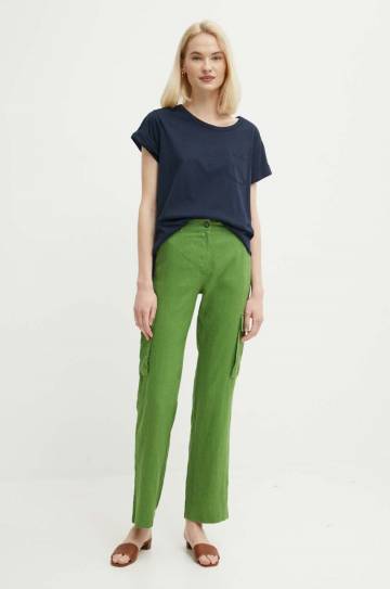 Льняные брюки United Colors of Benetton цвет зелёный прямое высокая посадка Льняные брюки United Colors of Benetton цвет зелёный прямое высокая посадка
