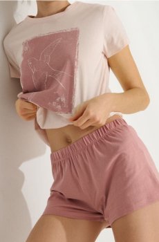 Бавовняна двочастинна піжама з принтом - пастельний рожевий