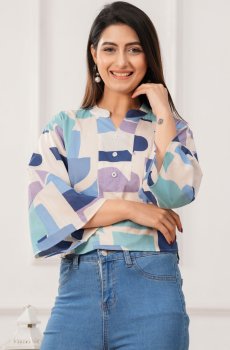 Threadflix Print Bell Sleeve Cotton Crop Top