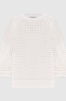 Белый ажурный джемпер с пайетками и бахромой