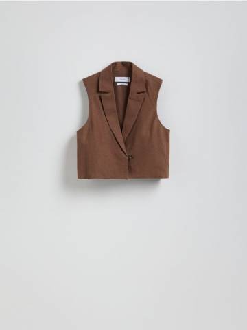 Reserved - Короткий жилет з льоном - темно коричневий - YS851-89X Reserved - Короткий жилет з льоном - темно коричневий - YS851-89X