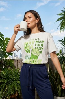 Бавовняна футболка з кольоровим принтом - кремовий