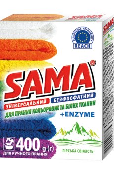 Универсальный стиральный порошок для цветных и белых тканей Sama Горная свежесть, ручная стирка, 400 г