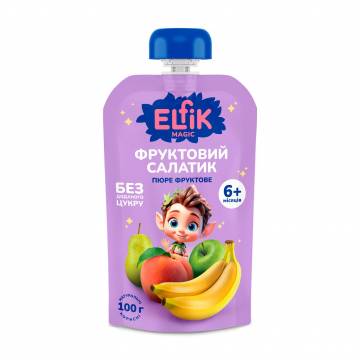 Детское фруктовое пюре Elfik Magic Фруктовый салатик, без добавленного сахара, от 6 месяцев, 100 г (пауч) Детское фруктовое пюре Elfik Magic Фруктовый салатик, без добавленного сахара, от 6 месяцев, 100 г (пауч)