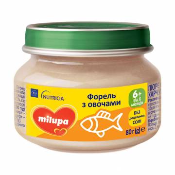 Детское овощно-рыбное пюре Milupa Форель с овощами, от 6 месяцев, 80 г Детское овощно-рыбное пюре Milupa Форель с овощами, от 6 месяцев, 80 г