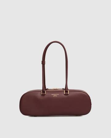 Бордовая кожаная сумка-багет с принтом логотипа