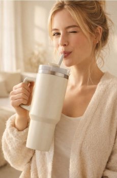 Термокружка з ручкою - кремовий