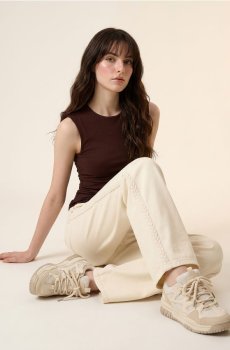 Джинси wide-leg mid waist з декоративним плетінням на штанині - нюдовий