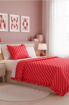 Комплект постільної білизни в смужку з воланом - червоний