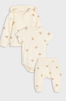 Бавовняний комплект: кофта, боді та штани - кремовий