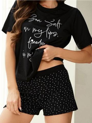 Піжамний комплект із двох предметів із написом - чорний