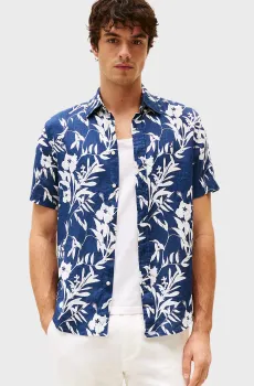 Мужская темно-синяя льняная рубашка с узором TROPICAL Синий L Tommy Hilfiger MW0MW38586